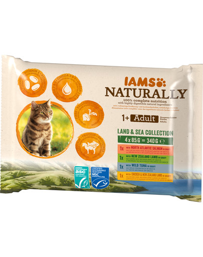IAMS Naturally erwachsene Katze Land- und Seekollektion in Sauce 4 x 85g