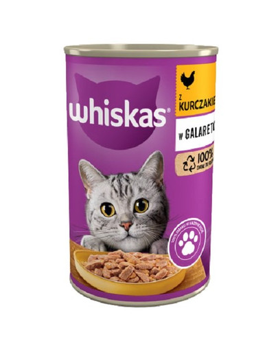 WHISKAS Adult 24x400 g Nass-Alleinfuttermittel für ausgewachsene Katzen, Stücke mit Huhn in Gelee