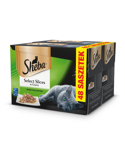 SHEBA 48x85g Beutel Select Slices in Gravy - Katzennassfutter in Sauce (Lachs, Weißfisch, Huhn, Rind)