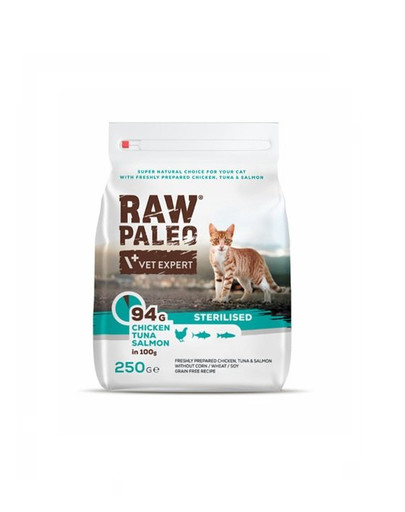 VETEXPERT Raw Paleo Sterilised Chicken&Tuna&Salmon für kastrierte Katzen 250 g