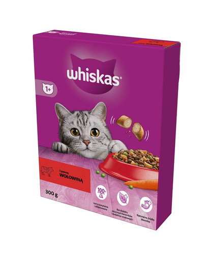 WHISKAS Adult 300g Trockenfutter für ausgewachsene Katzen mit leckerem Rindfleisch