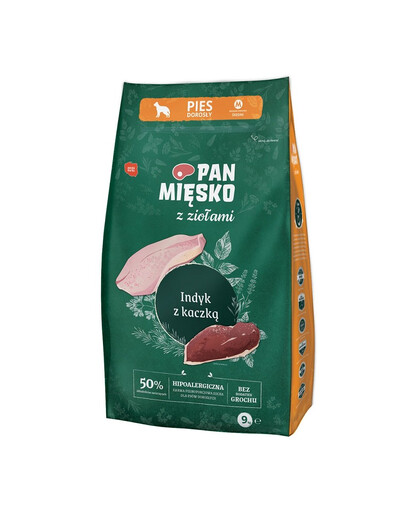 PAN MIĘSKO Trockenfutter mit Kräutern Truthahn und Ente hypoallergen für adulte Hunde M 9 kg