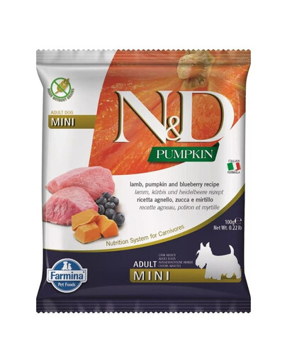 FARMINA N&D Pumpkin Trockenfutter Lamm, Kürbis und Heidelbeere für adulte kleine Hunde 100g