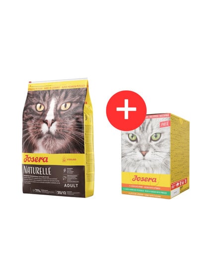 JOSERA Naturelle für kastrierte Katzen 10 kg + Multipack Pate 6x85 g Katzenpastetenmischung GRATIS
