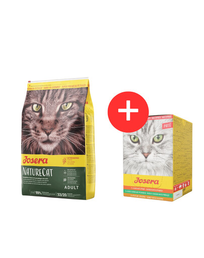 JOSERA Nature Cat getreidefreies Katzenfutter 10 kg + Multipack Pate 6x85 g Pastetenmix für Katzen GRATIS