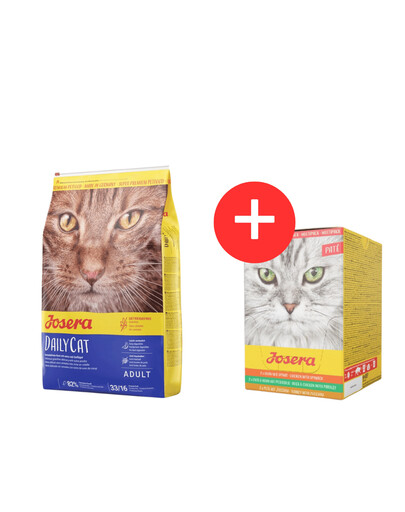 JOSERA Daily Cat 10 kg getreidefreies Futter für ausgewachsene Katzen + Multipack Pate 6x85 g Pastetenmischung für Katzen GRATIS