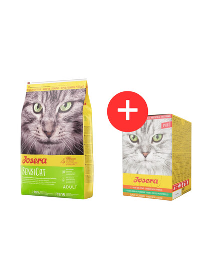 JOSERA SensiCat für empfindliche Katzen 10 kg + Multipack Pate 6x85 g Mix aus Katzenpasteten-Geschmacksrichtungen GRATIS