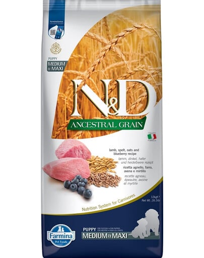 FARMINA N&D Ancestral Grain Dog Lamb & Blueberry Puppy Medium & Maxi 12 kg für Welpen mittlerer und großer Rassen