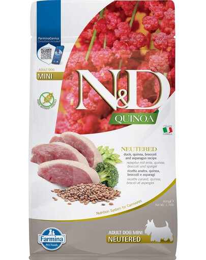FARMINA N&D Quinoa Dog Duck, Broccoli & Asparagus Neuterad Adult Mini 800 g