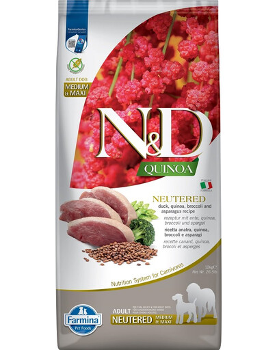 FARMINA N&D Quinoa Dog Neutred Adult Madium & Maxi duck, broccoli & asparagus 12 kg