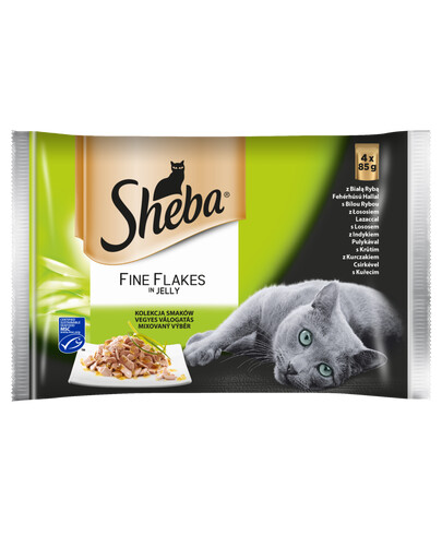 SHEBA Beutel 4x85g Fine Flakes in Jelly – Nassfutter für Katzen in Gelee (mit weißem Fisch, Lachs, Truthahn, und Huhn)