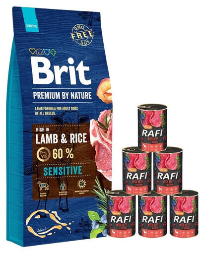 BRIT Premium By Nature Sensitive Lamb 15 kg + Nassfutter mit Rind 6x400 g