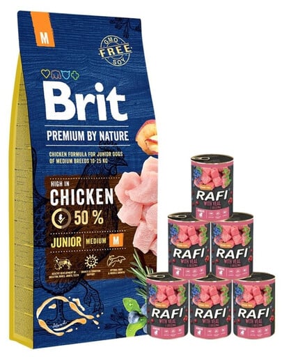 BRIT Premium By Nature Junior Medium M 15 kg + Nassfutter mit Kalb 6x400 g