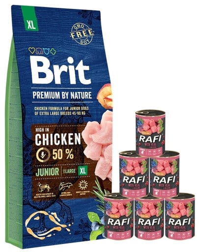 BRIT Premium By Nature Junior Extra Large XL 15 kg + Nassfutter mit Kalb 6x400 g