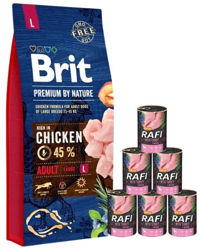 BRIT Premium By Nature Adult Large L 15 kg + Nassfutter mit Pute 6x400 g