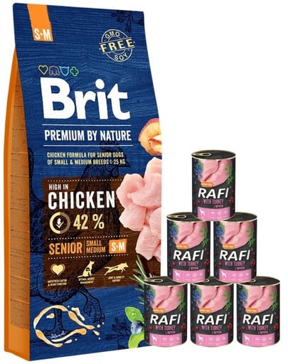 BRIT Premium By Nature Senior Small Medium S+M 15 kg + Nassfutter mit Truthahn 6x400 g