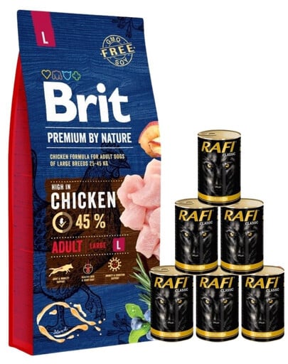 BRIT Premium By Nature Adult Large L 15 kg + Nassfutter mit Geflügel 6x1240 g