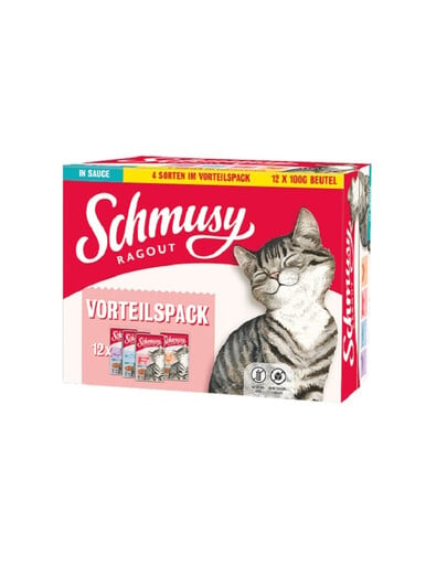 SCHMUSY RAGOUT Adult in Sauce Multibox 12x100g Soßentütchen für Huhn, Rind, Lachs und Ente