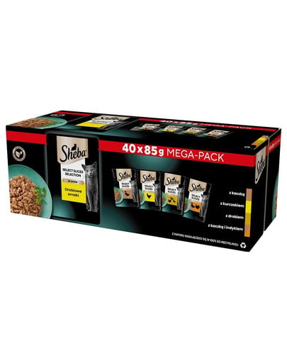 SHEBA Selection Select Slices Poultry Flavours Sachets 40x85 g in Saucenstücken mit: Ente, Huhn, Geflügel, Ente und Pute für ausgewachsene Katzen