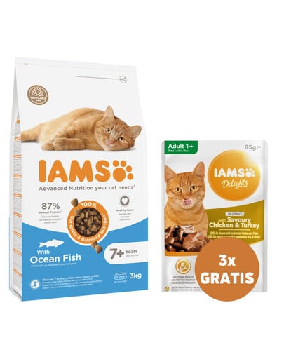 IAMS for Vitality mit Meeresfischen für ausgewachsene Katzen 3 kg + 3 x Huhn und Truthahn in Soße 85 g