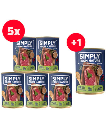 SIMPLY FROM NATURE Hundenassfutter Hirsch mit Buchweizengrütze 5 x 400 g + 400 g GRATIS