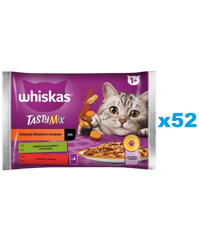 WHISKAS Adult 52 x 85g Collection of Rural Flavours Katzennassfutter in Saucenstücken mit Lamm, Huhn und Karotten, Rind und Geflügel