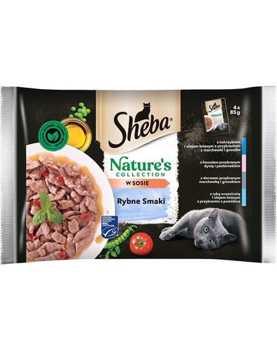 SHEBA Nature’s Collection Fish Flavours Katzennassfutter für ausgewachsene Katzen in Thunfisch-Leinöl-Sauce 52x85g