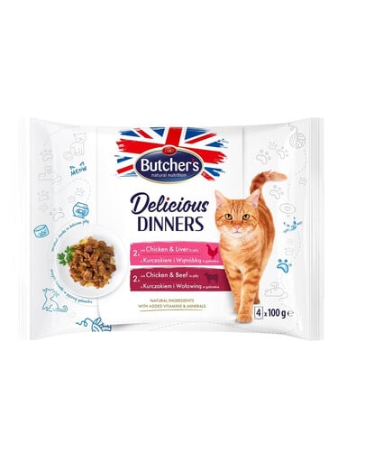 BUTCHER'S Delicious Dinners Gelee-Stücke für ausgewachsene Katzen 4x100g mit Huhn und Leber, mit Huhn und Rindfleisch