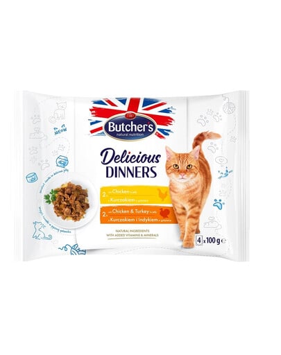 BUTCHER'S Delicious Dinners Gelee-Stücke für ausgewachsene Katzen 4x100g mit Huhn, Huhn und Pute