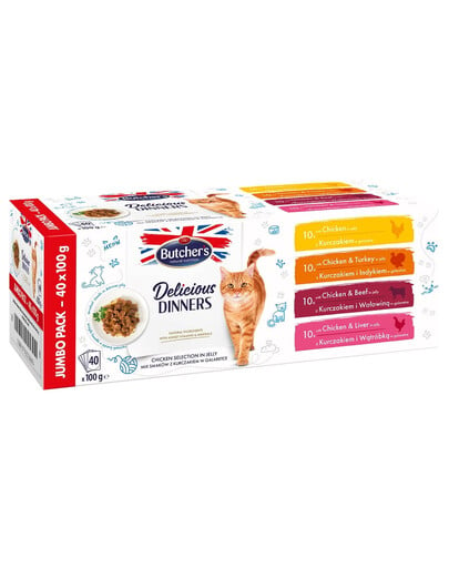 BUTCHER'S Delicious Dinners Jumbo Pack Gelee für ausgewachsene Katzen 40x100g Gemischte Geschmacksrichtungen Huhn Gerichte