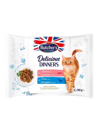 BUTCHER'S Delicious Dinners Gelee-Stücke für ausgewachsene Katzen 4x100g mit Lachs, mit Forelle