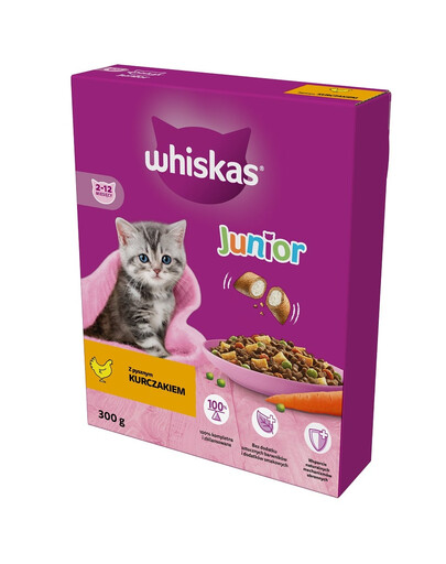 WHISKAS Junior 6x300 g Trockenvollnahrung mit leckerem Huhn für Kätzchen