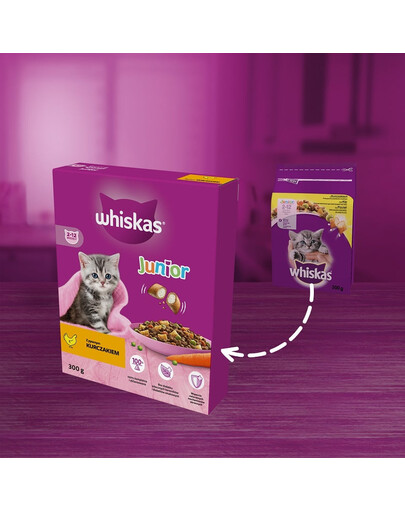 WHISKAS Junior 6x300 g Trockenvollnahrung mit leckerem Huhn für Kätzchen