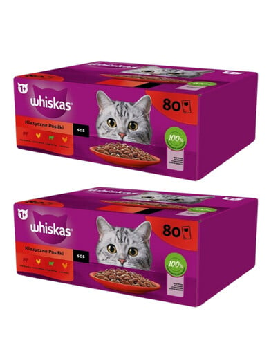 160 x 85 g WHISKAS Nassfutter für adulte Katzen in Sauce Rind, Huhn, Lamm, Geflügel