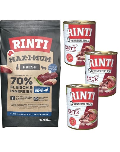 RINTI MAX-I-MUM Duck 12 kg + Kennerfleisch Duck Nassfutter 3x400 g