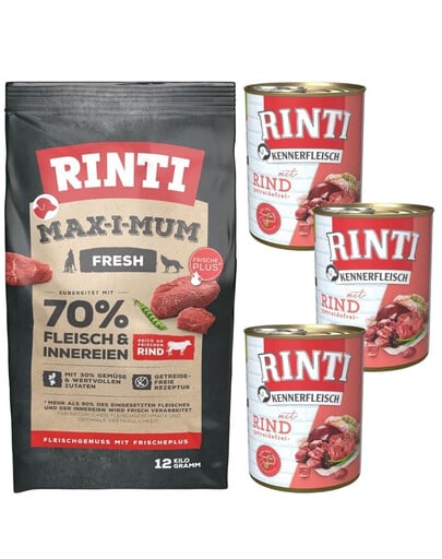 RINTI MAX-I-MUM Beef Rind 12 kg + Kennerfleisch Beef Nassfutter Rind 3x400 g