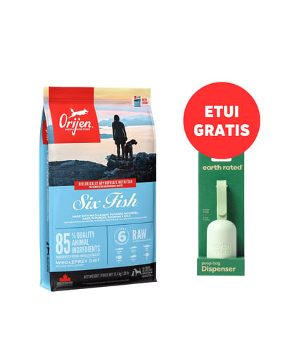 ORIJEN 6 Fish Dog 11,4 kg + EARTH RATED Etui - Unparfümierte Beutel 15 Stk. GRATIS