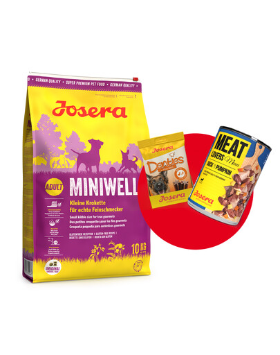 JOSERA Miniwell 10kg für erwachsene Hunde kleiner Rassen + 1x Denties & Meat Lovers GRATIS