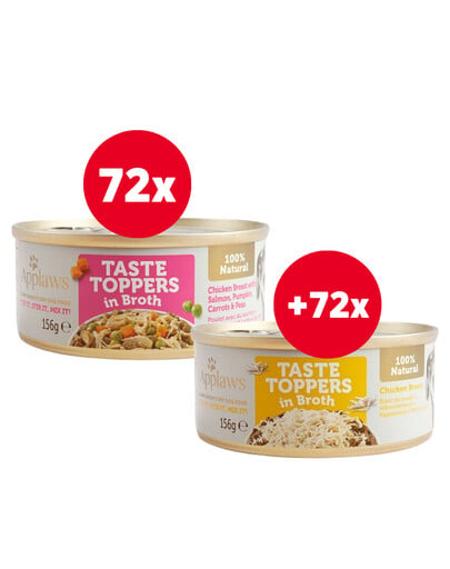 APPLAWS Taste Toppers Hühnerbrust, Lachs, Kürbis in Brühe 72 x 156 g + Hühnerbrust in Brühe 72 x 156 g GRATIS