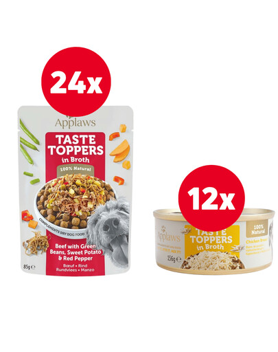 APPLAWS Taste Toppers Rindfleisch, grüne Bohnen, Paprika in Brühe 12 x 85 g + APPLAWS Taste Toppers Hähnchenbrust in Brühe 156 g GRATIS