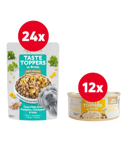 APPLAWS Taste Toppers Thunfischfilet, Kürbis, Grünkohl in Brühe 24 x 85 g + Hähnchenbrust in Brühe 12 x 156 g GRATIS