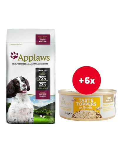 APPLAWS Dog Adult Small & Medium Breed Chicken & Lamb 2 kg + Hähnchenbrust in Brühe 6 x 156 g GRATIS