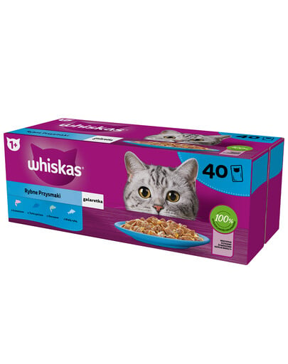 WHISKAS Adult 40 x 85 g Fischaromen in Gelee Lachs, Thunfisch, Kabeljau, Weißfisch