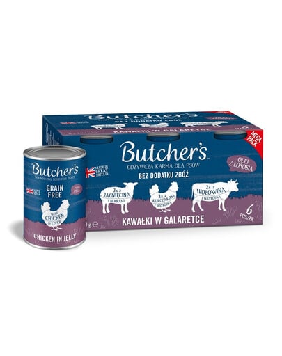 BUTCHER'S Original Recipe in jelly Gemischte Geschmacksrichtungen mit Leber oder Niere 6x400 g Stücke in Gelee mit Rind, mit Lamm und mit Huhn für Hunde