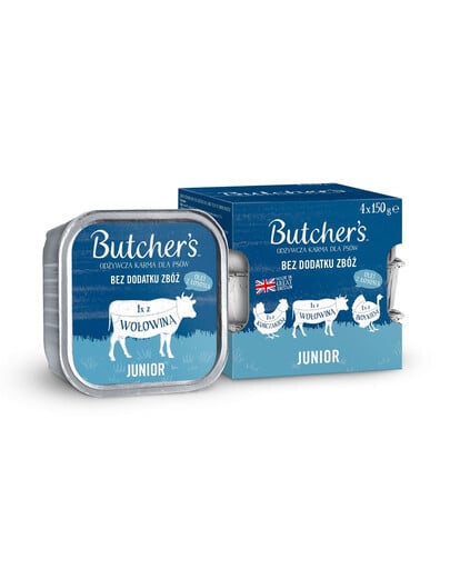 BUTCHER'S Original Junior Gemischte Geschmacksrichtungen 4x150 g Hühner-, Rinder- und Putenpastete für Welpen