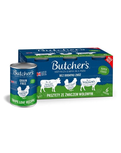 BUTCHER'S Original Tripe Gemischte Geschmacksrichtungen mit Rinderpansen 6x400 g Pastete mit Pansen, Huhn und Rindfleisch für Hunde