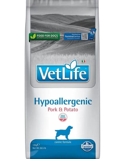 VetLife Hypoallergenic Pork Potato dla dorosłych psów 12kg