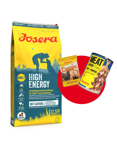 JOSERA High Energy 12.5kg für erwachsene sportliche Hunde + 1x Denties & Meat Lovers GRATIS