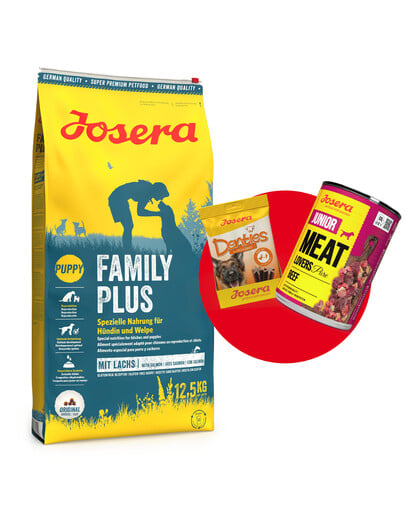 JOSERA FamilyPlus 12,5kg für Welpen, trächtige und säugende Hündinnen + 1x Denties & Meat Lovers GRATIS