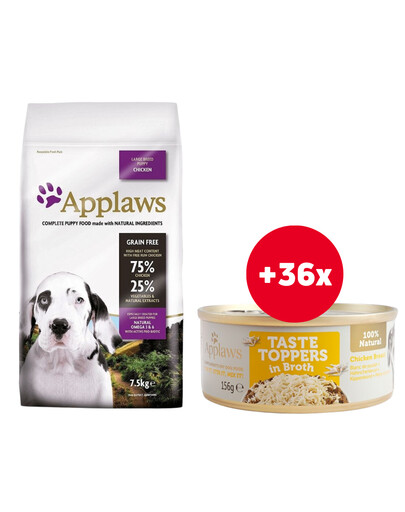 APPLAWS Large Breed Puppy Huhn getreidefreies Welpenfutter 7,5 kg + Hühnerbrust in Brühe 36 x 156 g GRATIS